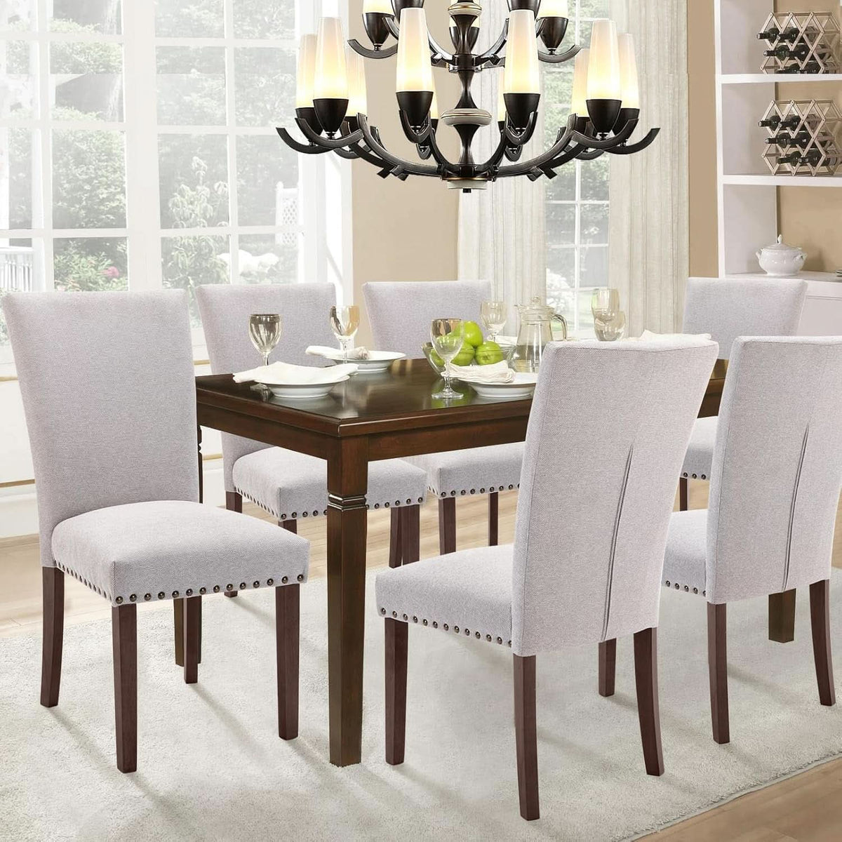 Parsons Upholstered Dining Chairs Light Grey Nailhead