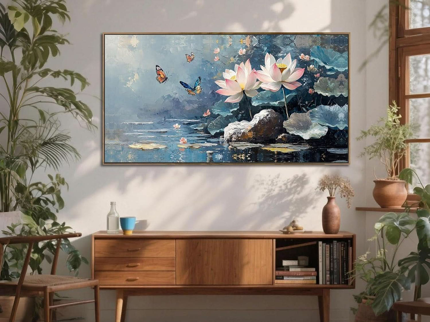Elegant Floral Lotus Canvas Wall Art 40x20 Framed Canvas