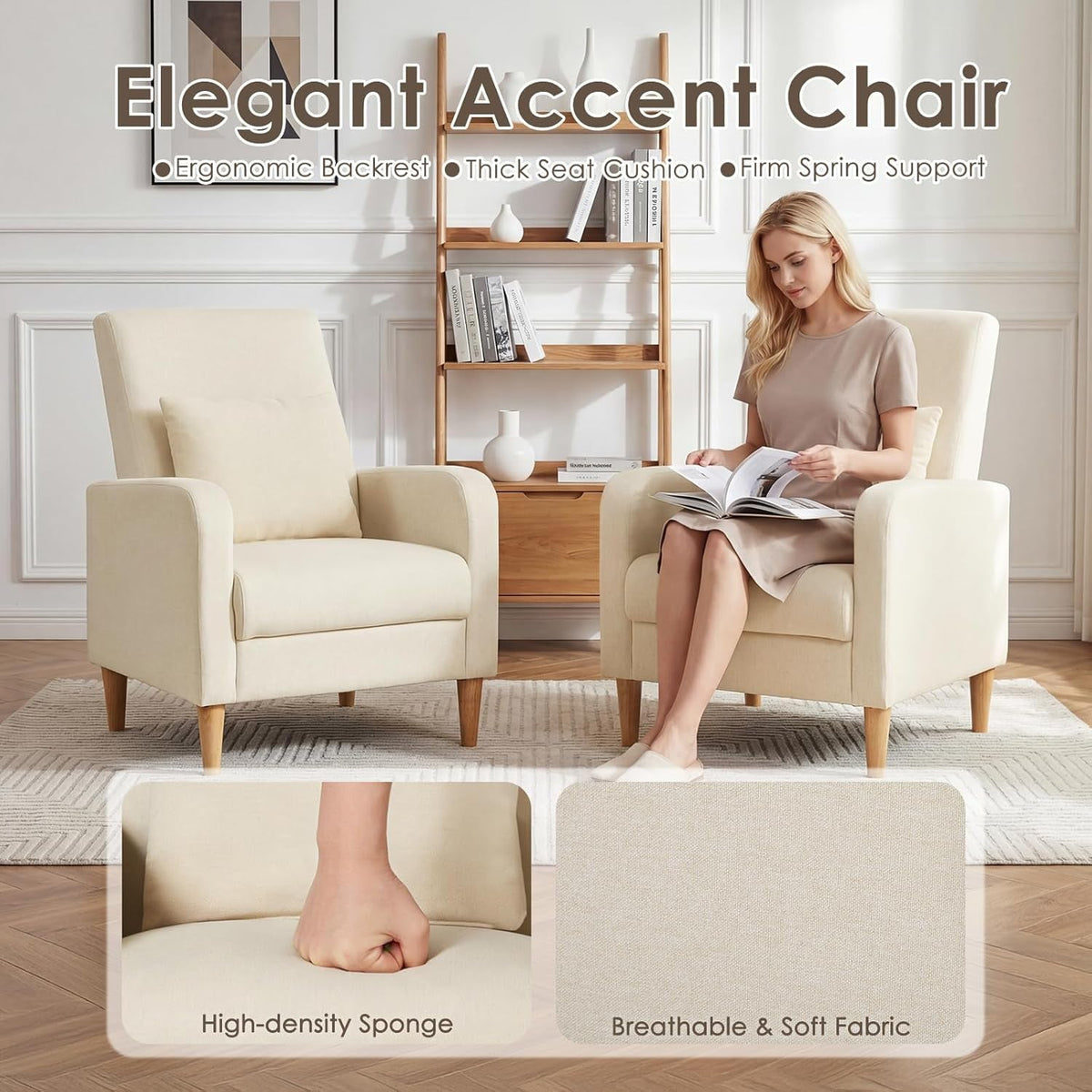 Beige Upholstered Accent Chair Featuring Lumbar Pillow