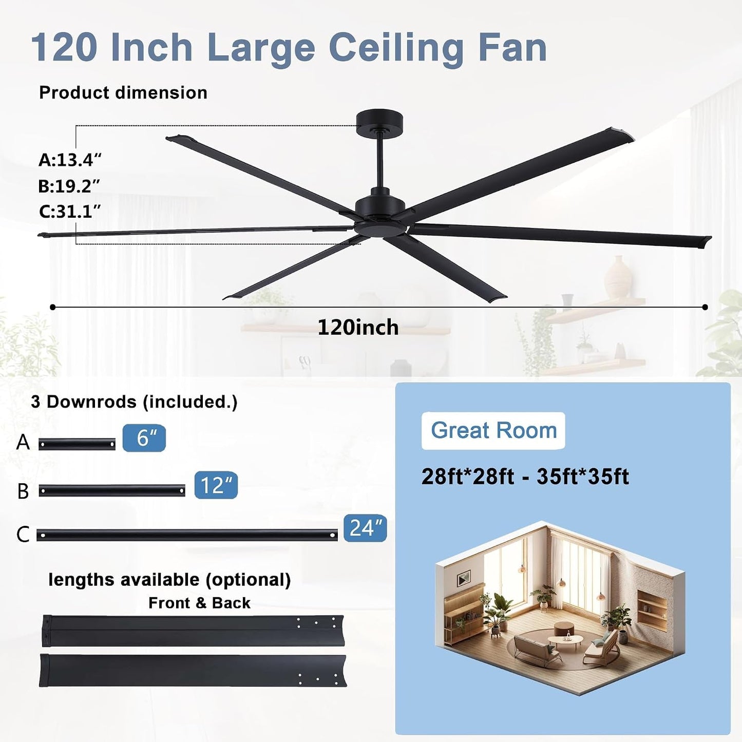 Black 120-Inch Reinforced Multipurpose Ceiling Fan