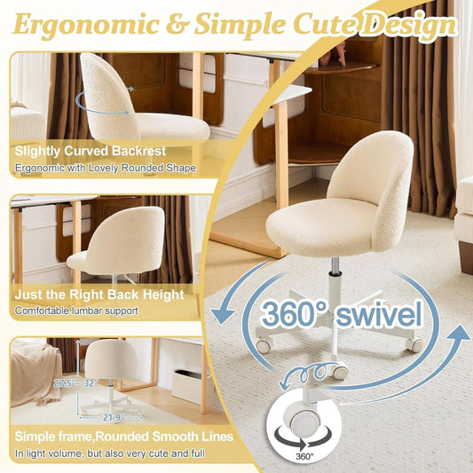 Armless Creamy Beige Teddy Fleece Office Desk Chair With Wheels