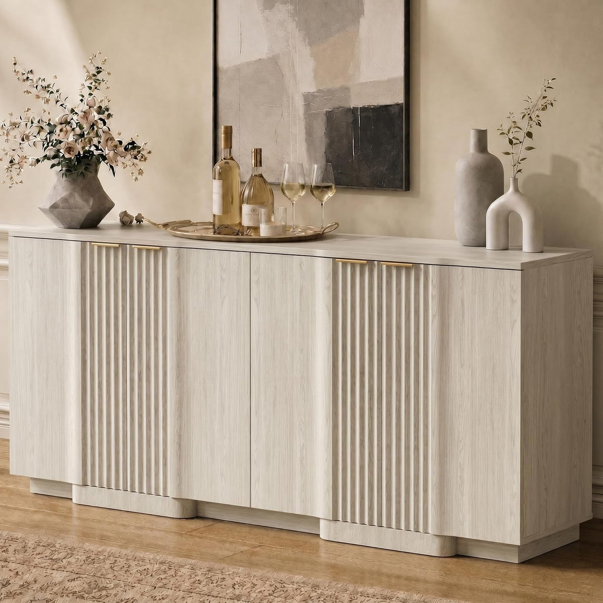 White Fluted Sideboard Cabinet With Adjustable Shelves