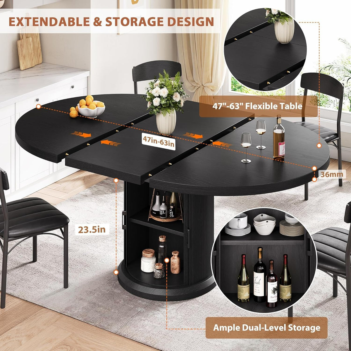 Extendable Circular Dining Table 47 Inch Black Walnut