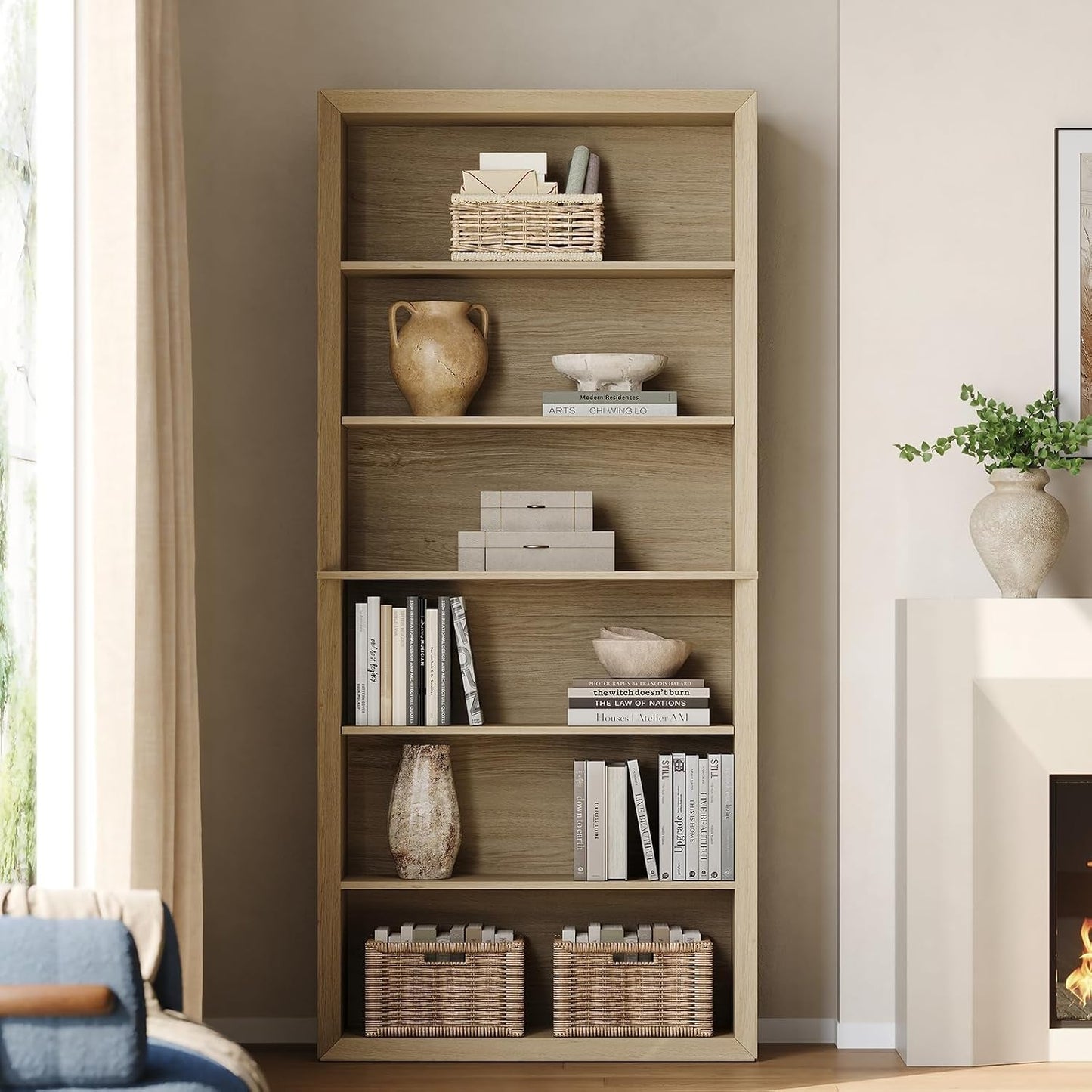 72 Inch Natural Wood Adjustable Freestanding Bookcase