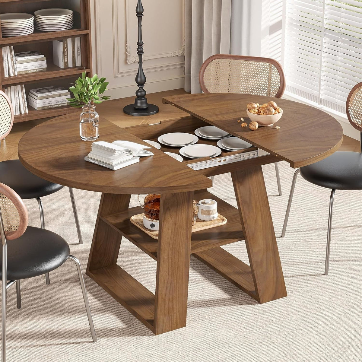 Extendable Round Dining Table 43.3-59 Inches Walnut
