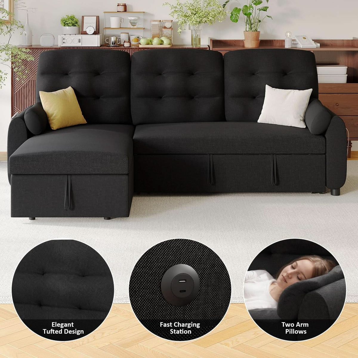 86Inch Convertible Sleeper Sectional With USB Ports