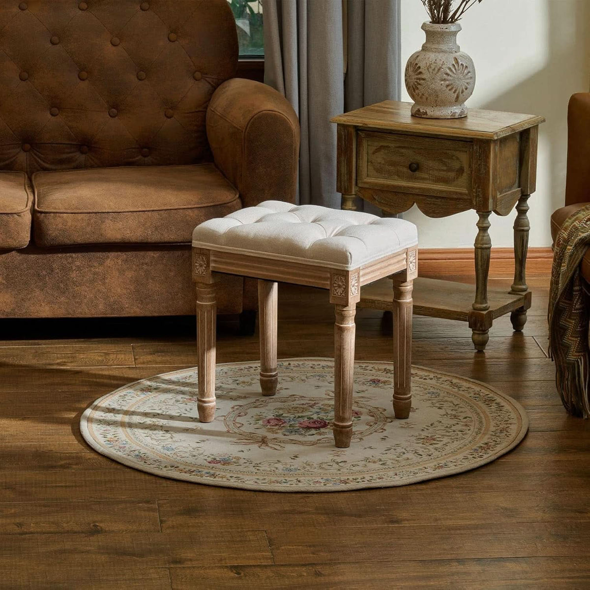 Beige Ottoman Stool 18.5 Inches Elegant Contemporary