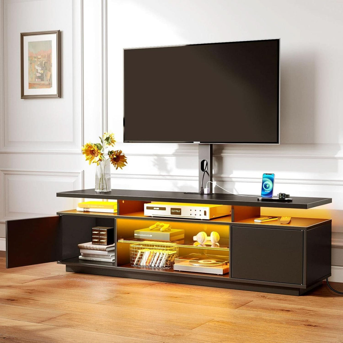Black Sixty Inch TV Stand With Entertainment Center