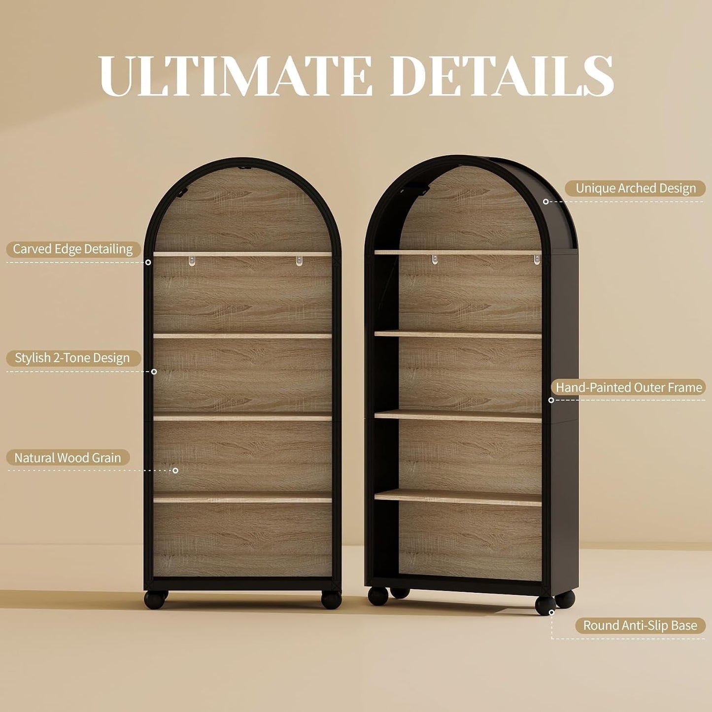 Tall Black Arched Bookcase Featuring Spacious Shelving