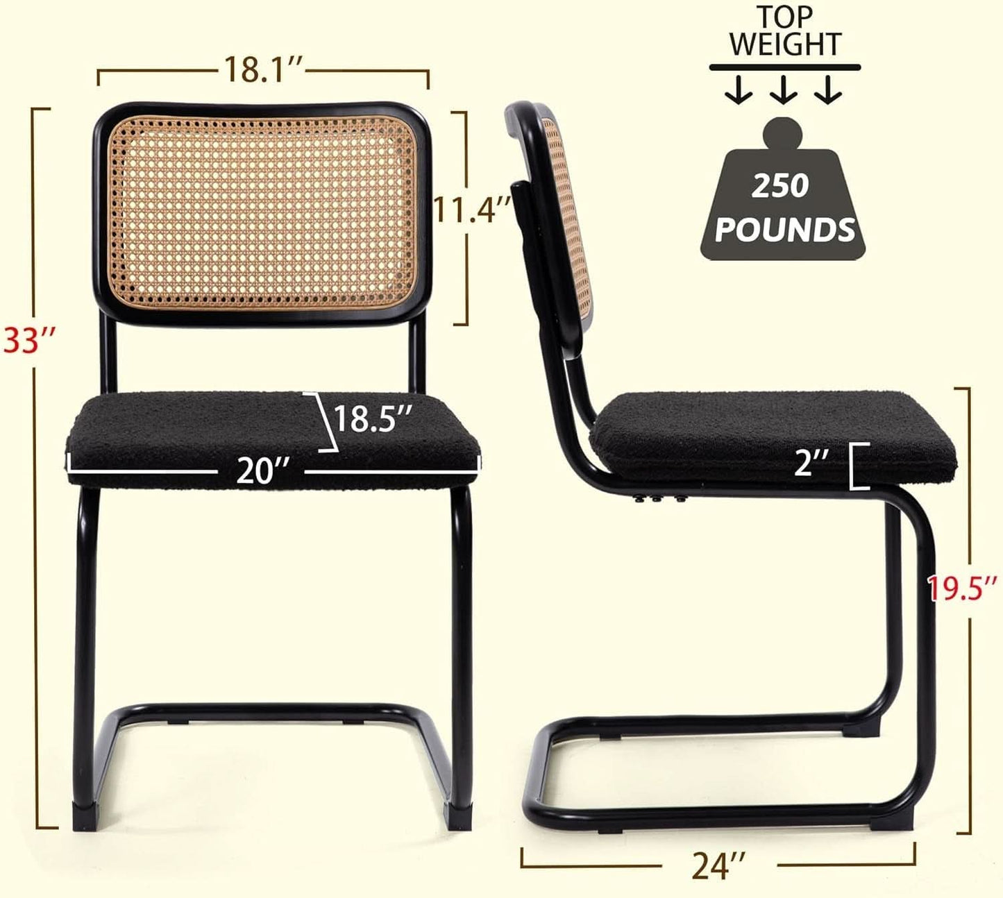 Cesca Cane Dining Chairs Set of 2 Black Boucle Seat