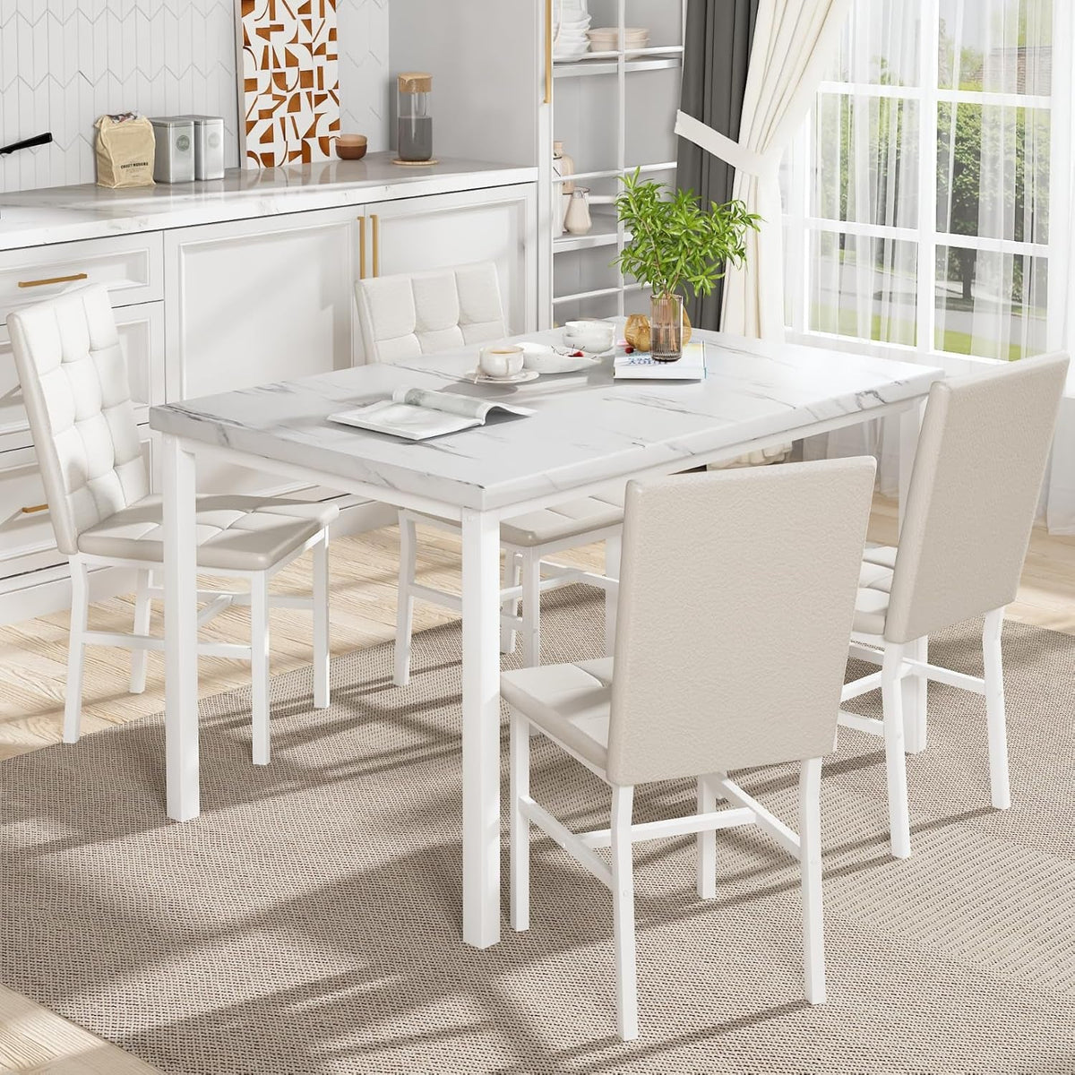 Snow White Marble Patterned Dining Table Set FivePiece