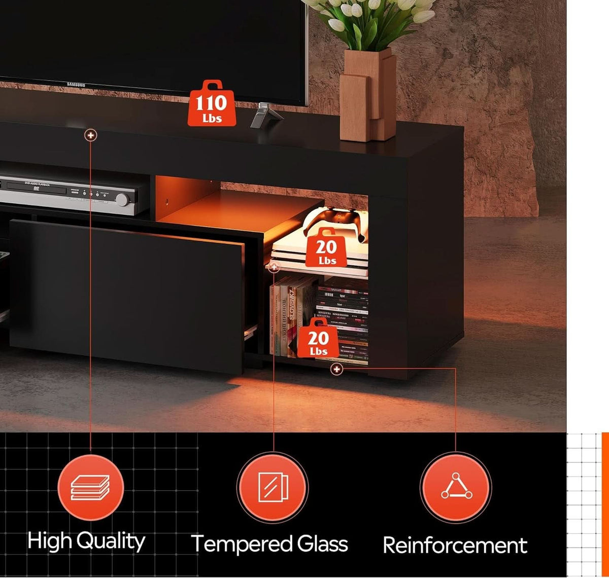 63 Inch Black LED TV Stand With 2 Drawers For Living Room-3