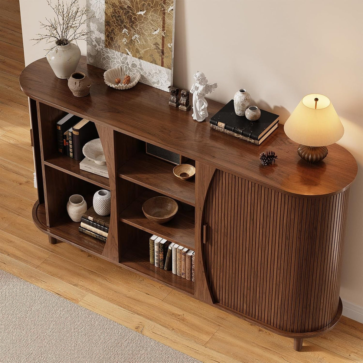 Walnut 59 Inches Curved Contemporary Buffet Cabinet