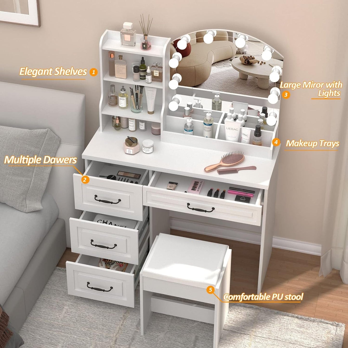 White Makeup Vanity Desk With Premium Illumination