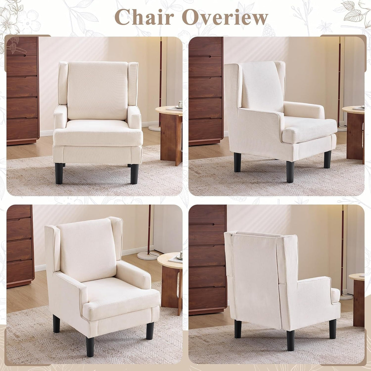 Beige Wingback Accent Chair High Backrest Upholstered