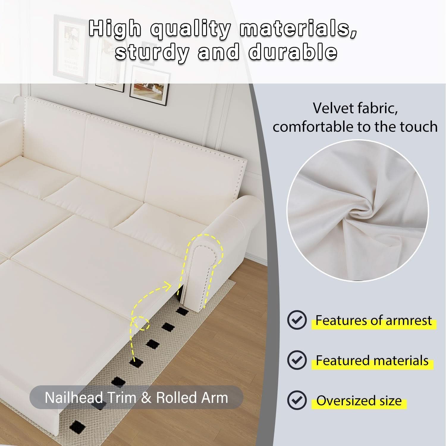 King Size Multifunctional Sleeper Sofa Beige Velvet-4