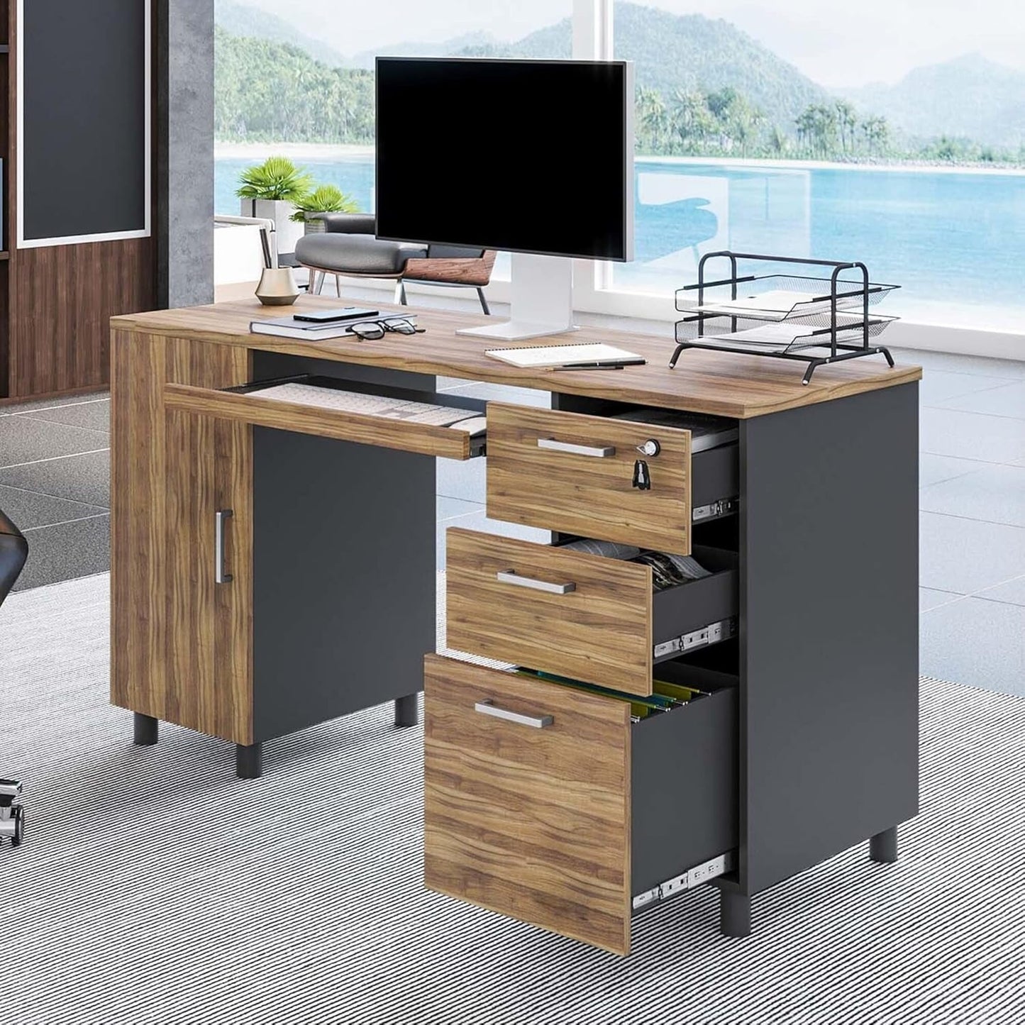 Walnut 53 Inches Workstation Desk Lockable Drawers