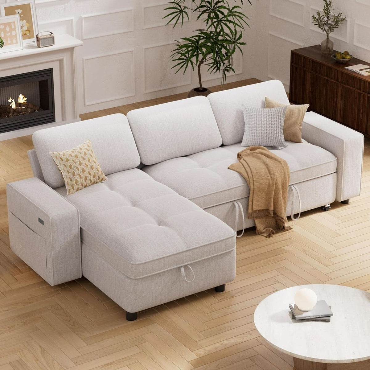 81 Inch Transformable Chenille Sleeper Sectional Sofa-1