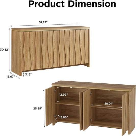 Natural Fluted Buffet Cabinet With Adjustable Shelves