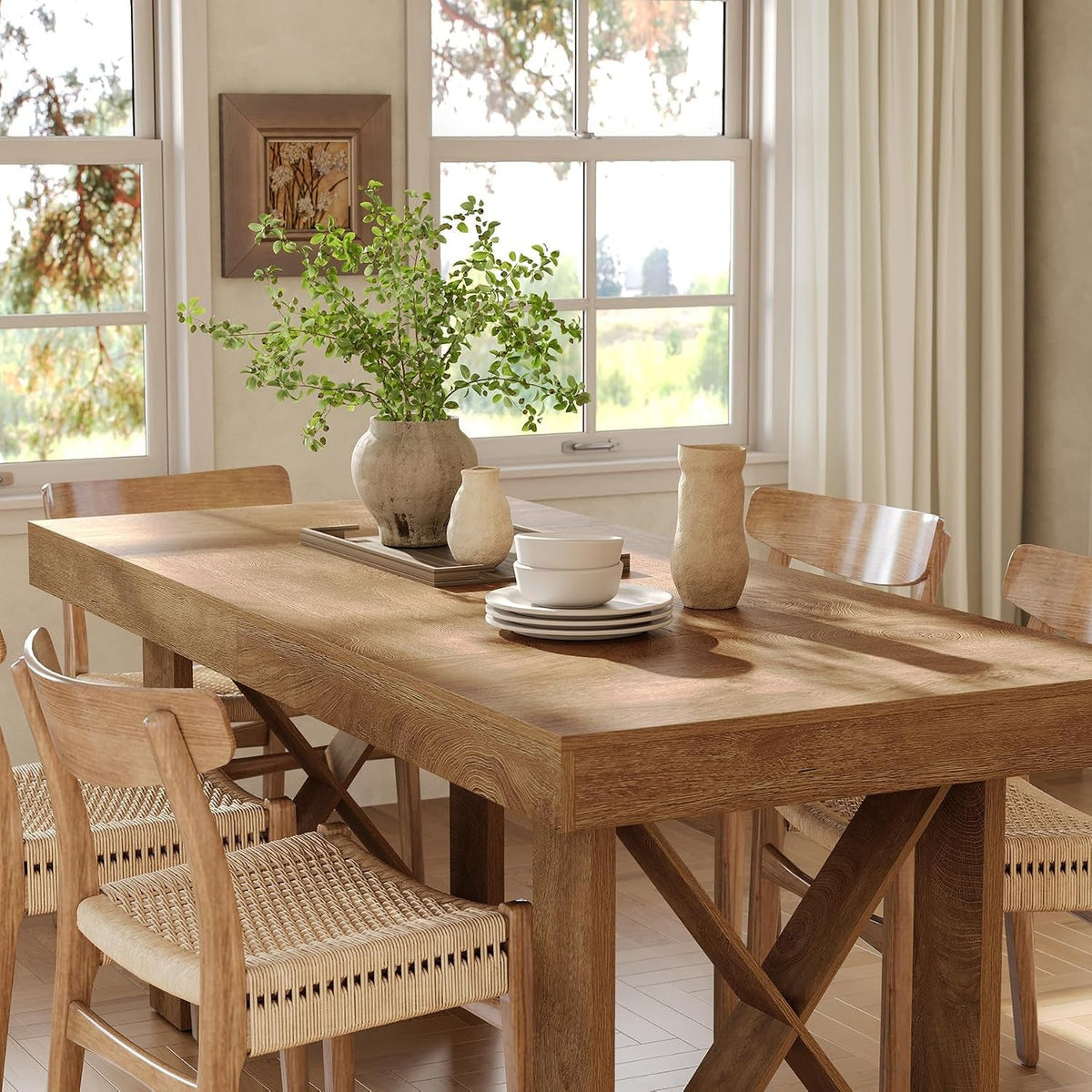 63 Inch Farmhouse Dining Table Rectangular Yellowish