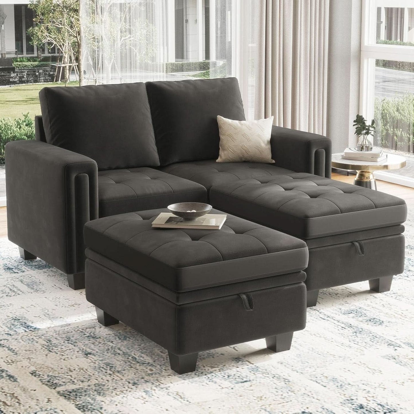 Grey Velvet Modular Sectional Sofa With Storage And Sleeper