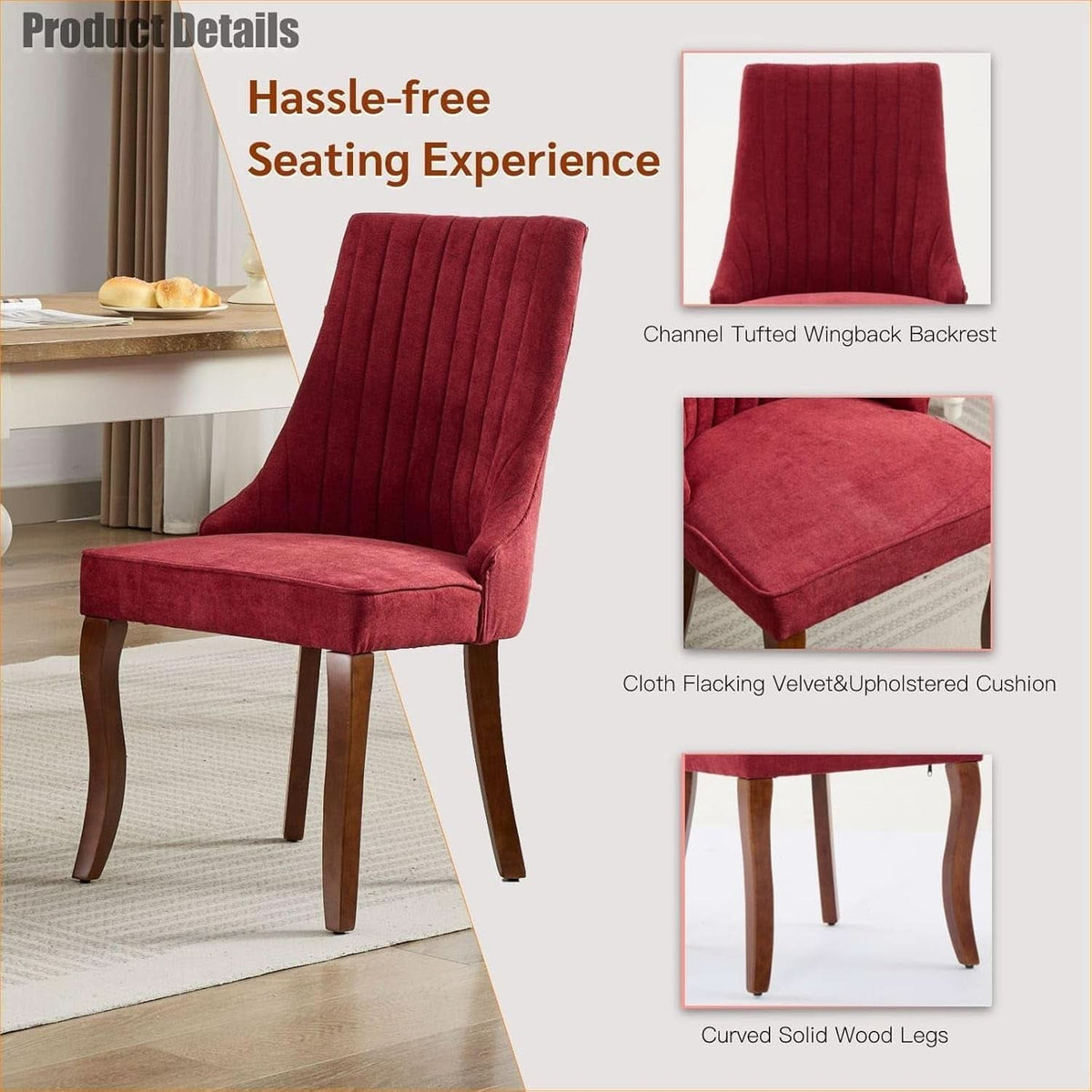 Velvet Dining Chairs Wine Red Channel Tufted Wood Legs
