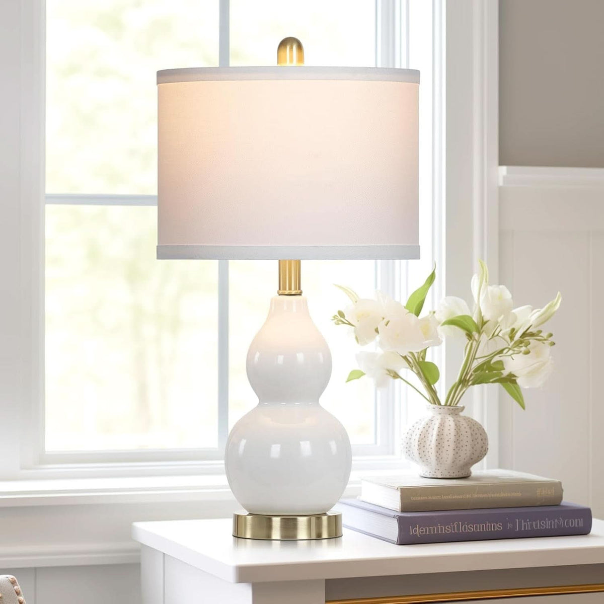 Double Gourd Ceramic Night stand Lamps White Linen Shade