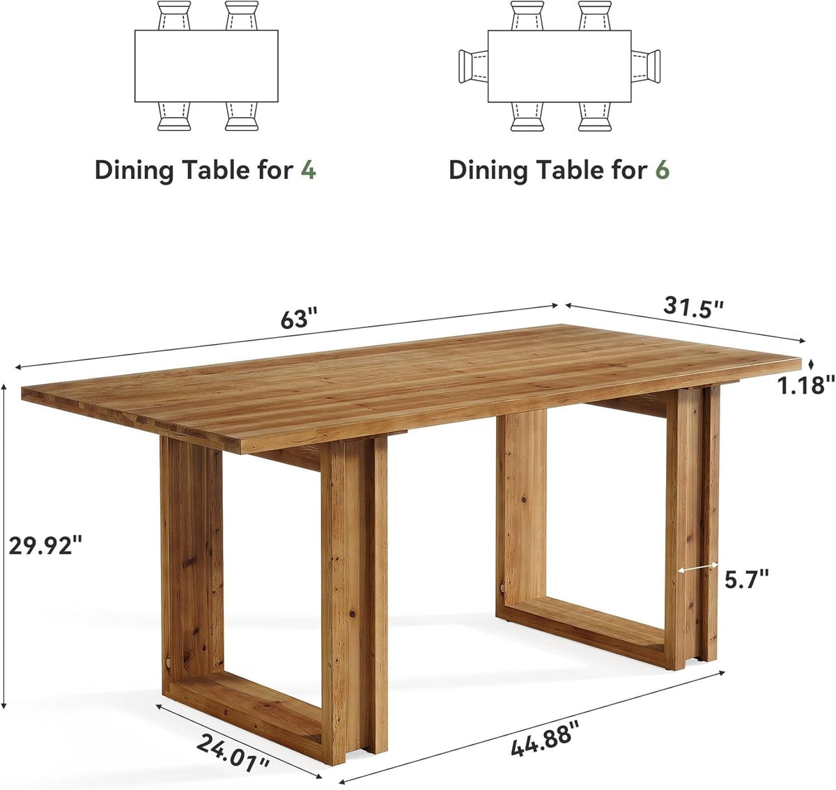Solid Fir Wood Dining Table SixtyThree Inch Weathered Brown Finish