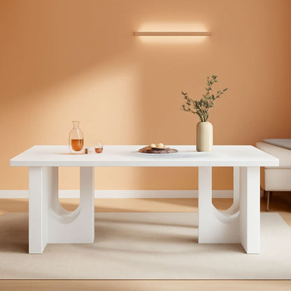 Modern White Dining Table 71 Inch With Wood Pedestal Base