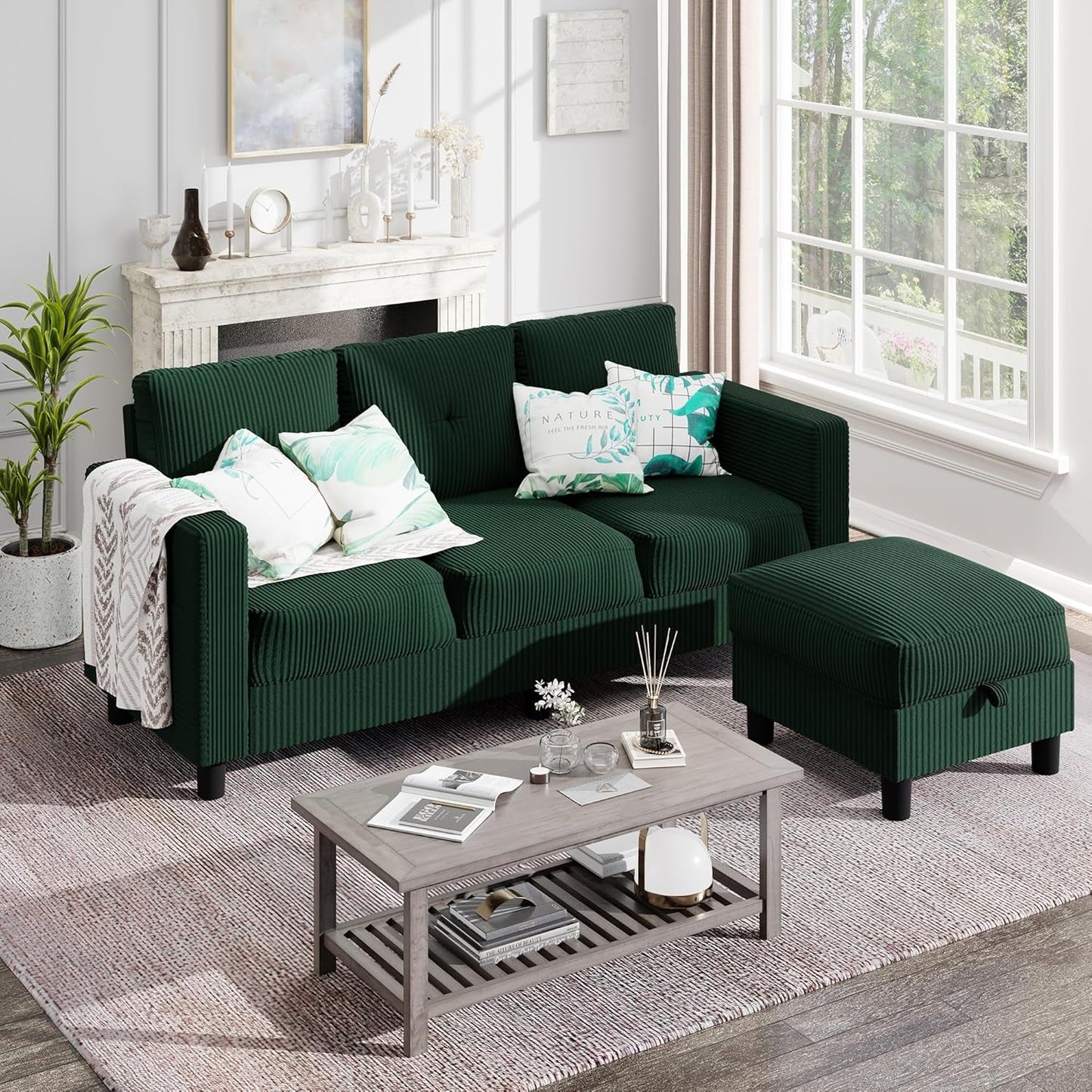 Green 76 Inches Upholstered Sectional Sofa Storage