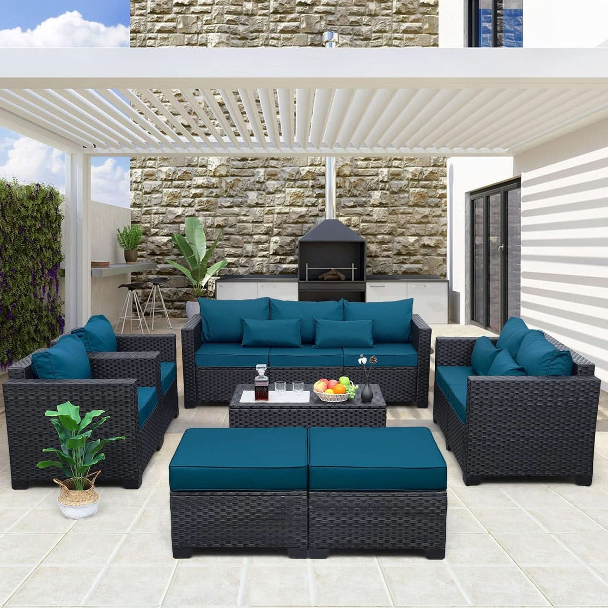Patio Furniture Set 7 Piece Peacock Blue Anti Slip Cushions-2