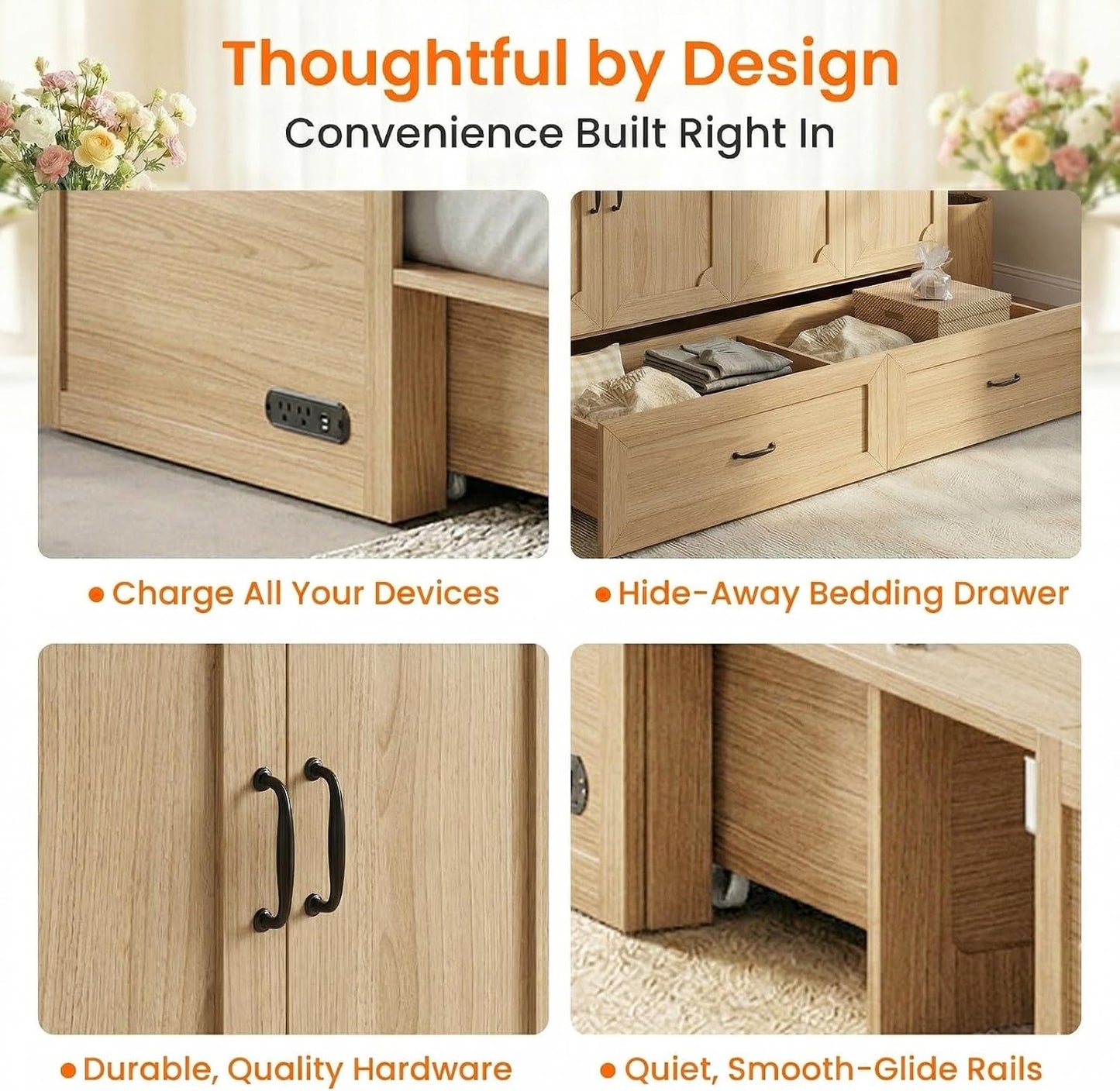 Queen Murphy Bed With Mattress Natural Wood Storage