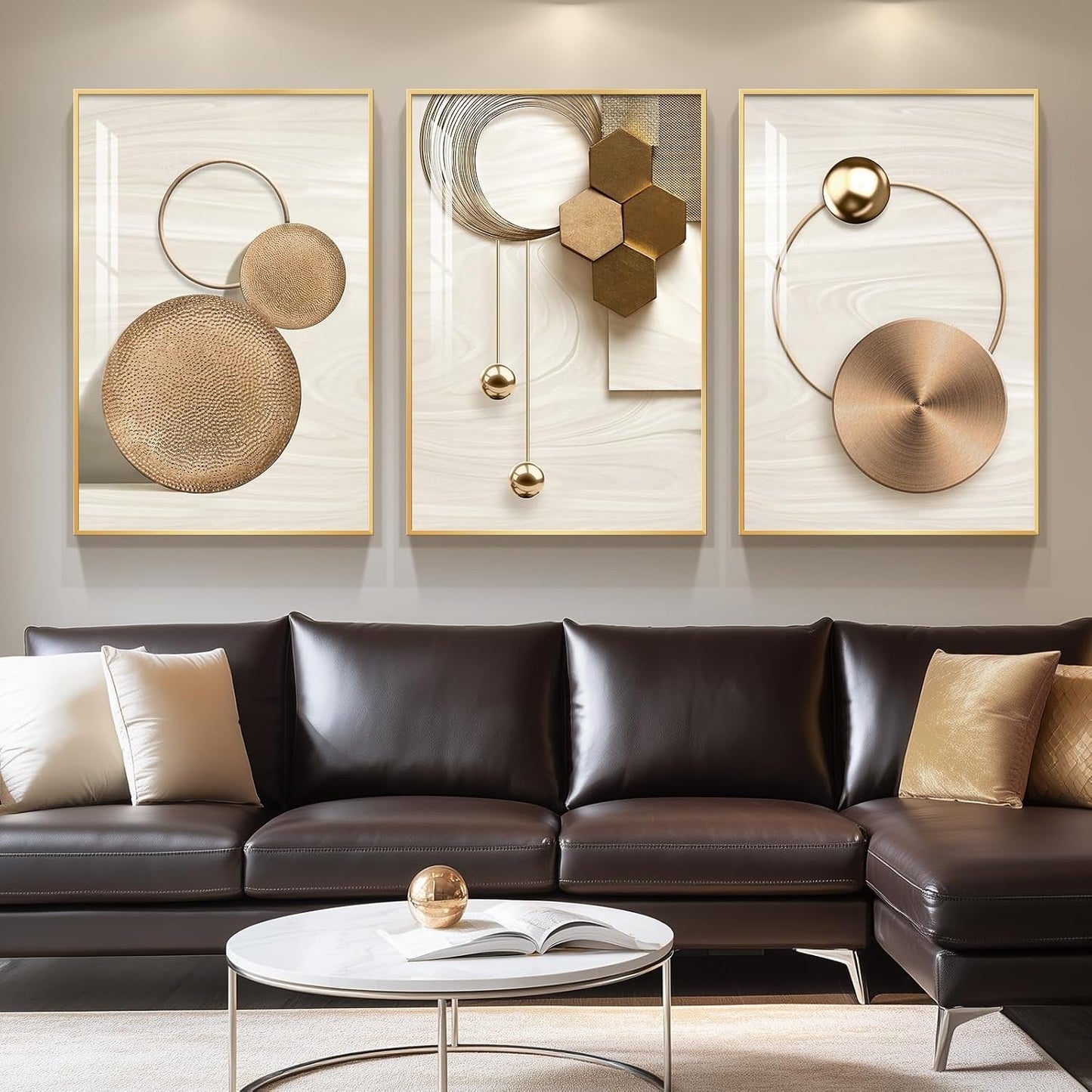 Gold Framed Modern Wall Art Three Panel Display 24x36
