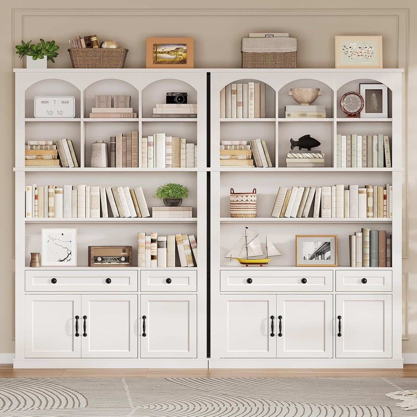 White Farmhouse Arched Bookcase Featuring Large Drawer