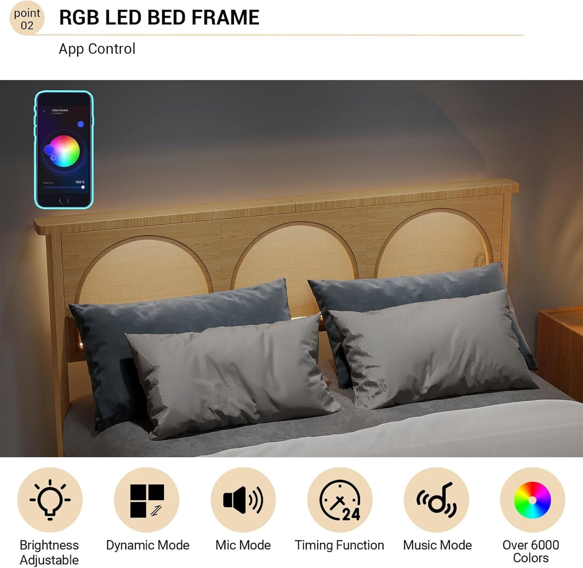 Natural Rattan Platform Bed Queen Headboard LED Underbed