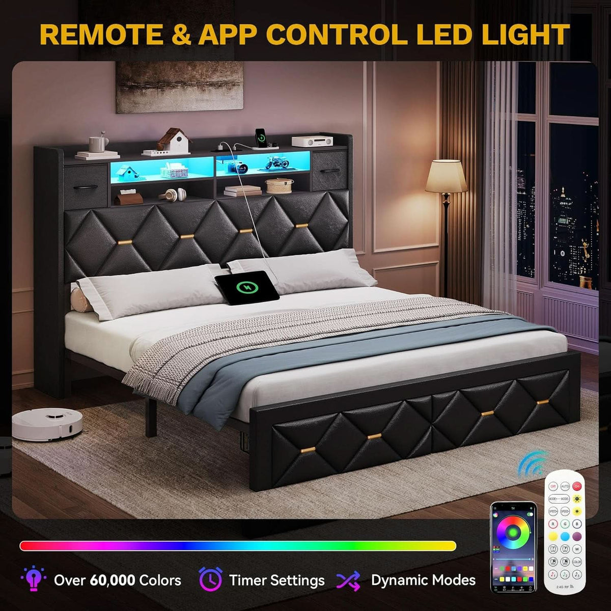 Queen Size Black Upholstered Bed Frame USB Charging