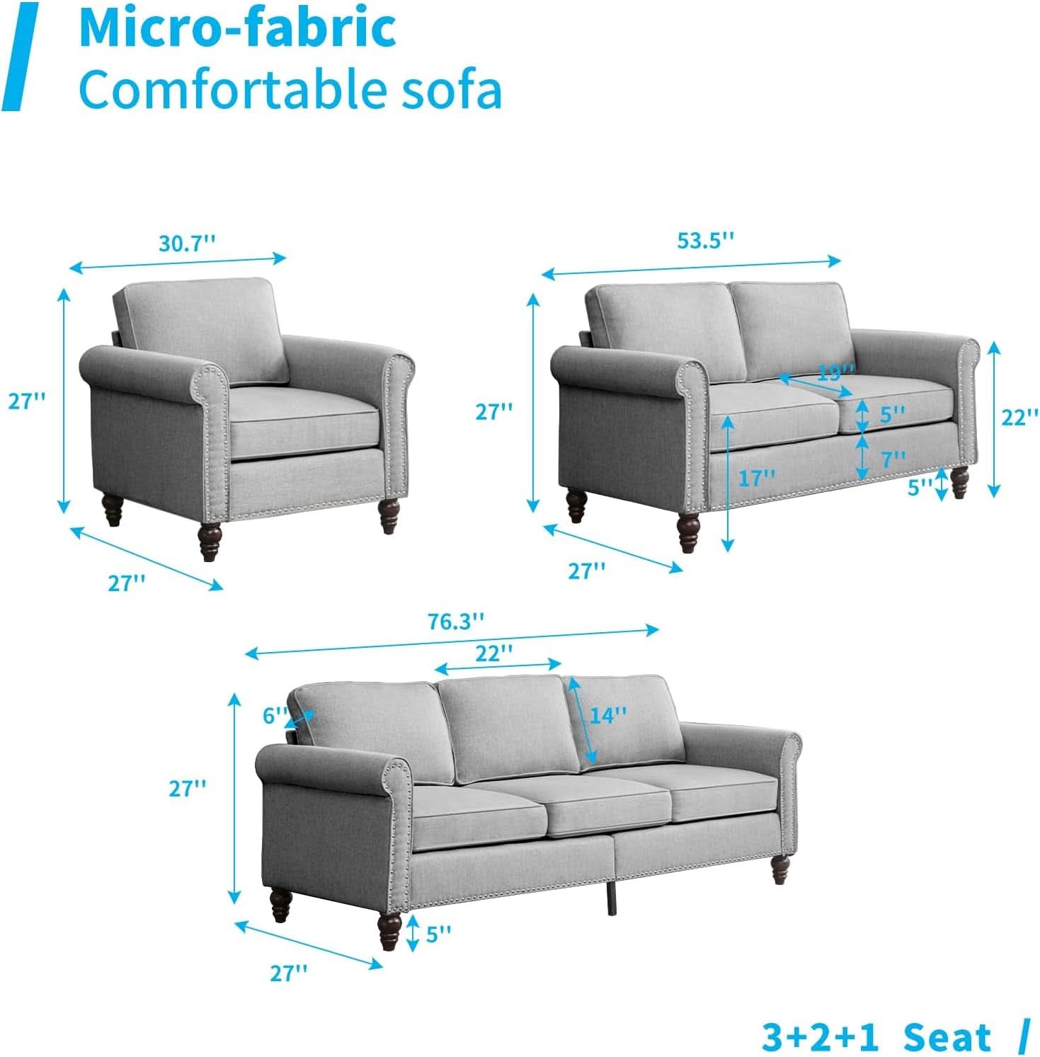 Light Grey Small Space Living Room Couch Set With Loveseat-1