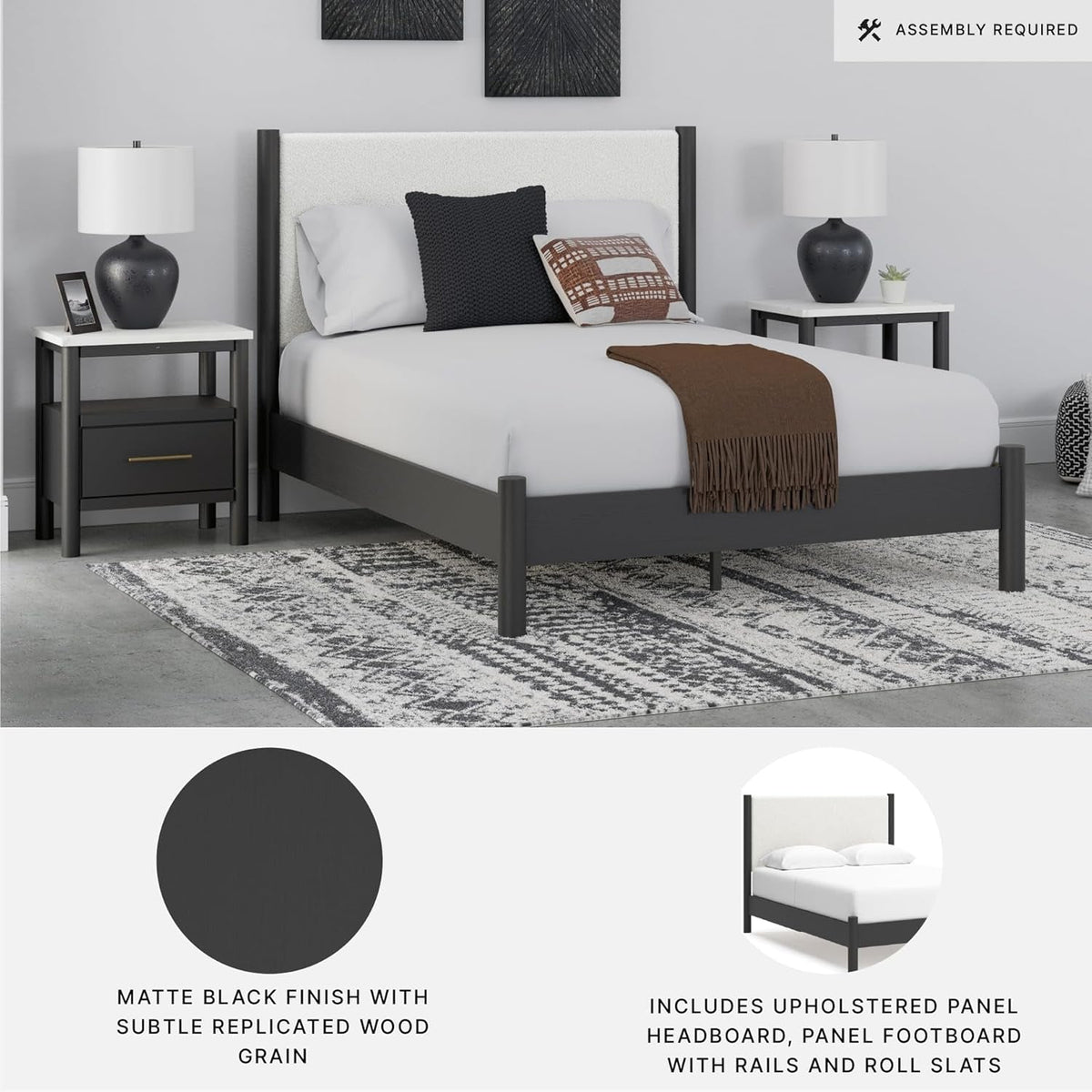 Queen Upholstered Platform Bed Matte Black Silhouette