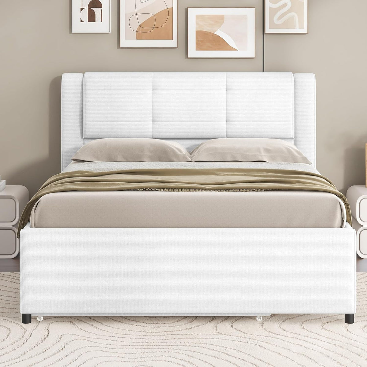 Beige Full Size Upholstered Platform Bed With Trundle