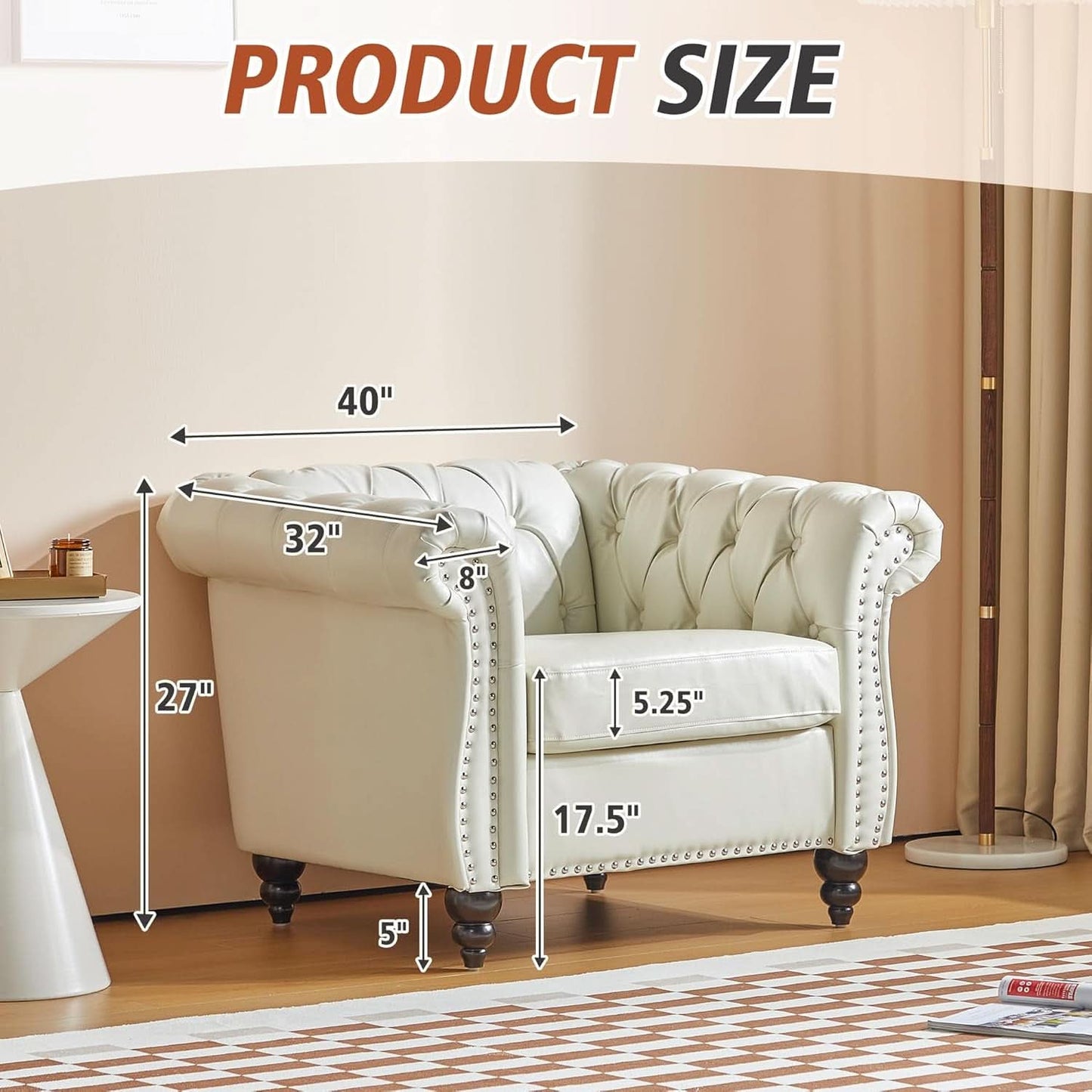 2 Piece Chesterfield Faux Leather Living Room Set Loveseat And Chair With Scroll Arms And Nailhead White