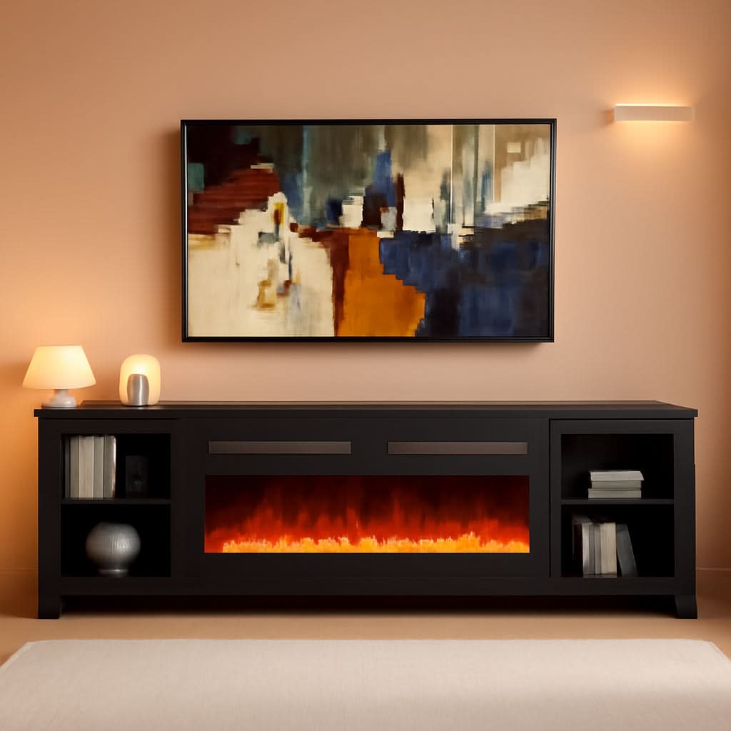 80 Inch Black Modern Fire place TV Entertainment Center