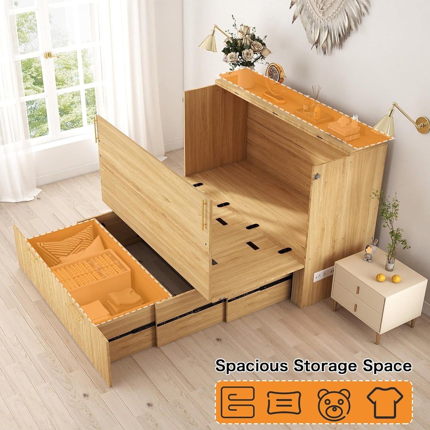 Fullsize Oak Murphy Bed Cabinet With Integrated Charging
