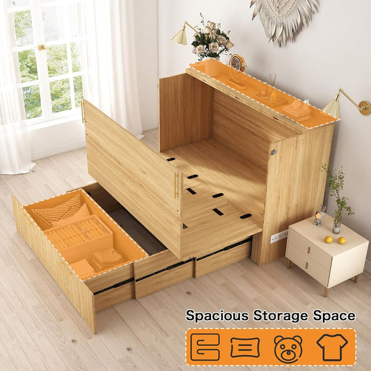 Fullsize Oak Murphy Bed Cabinet With Integrated Charging