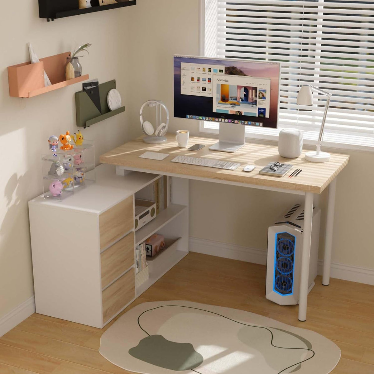L Shaped Desk 47Inch White Walnut Home Office Storage