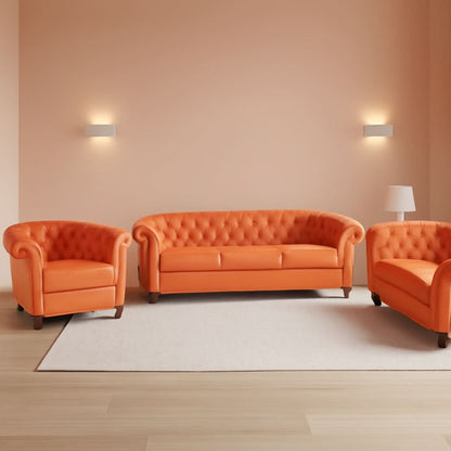 3 Piece Orange Velvet Living Room Sofa Set Includes Loveseat And Club Chair Durable Upholstery-0