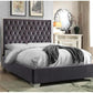 Grey Velvet Queen Bed Deep Tufted Chrome Finish Lux Leatherette