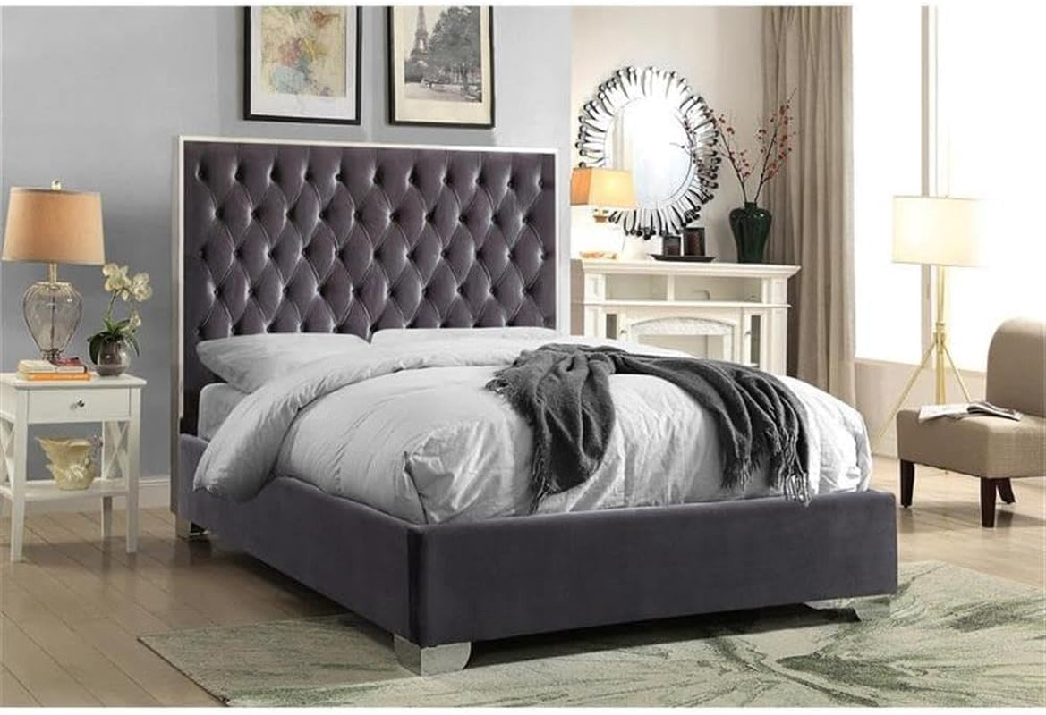 Grey Velvet Queen Bed Deep Tufted Chrome Finish Lux Leatherette