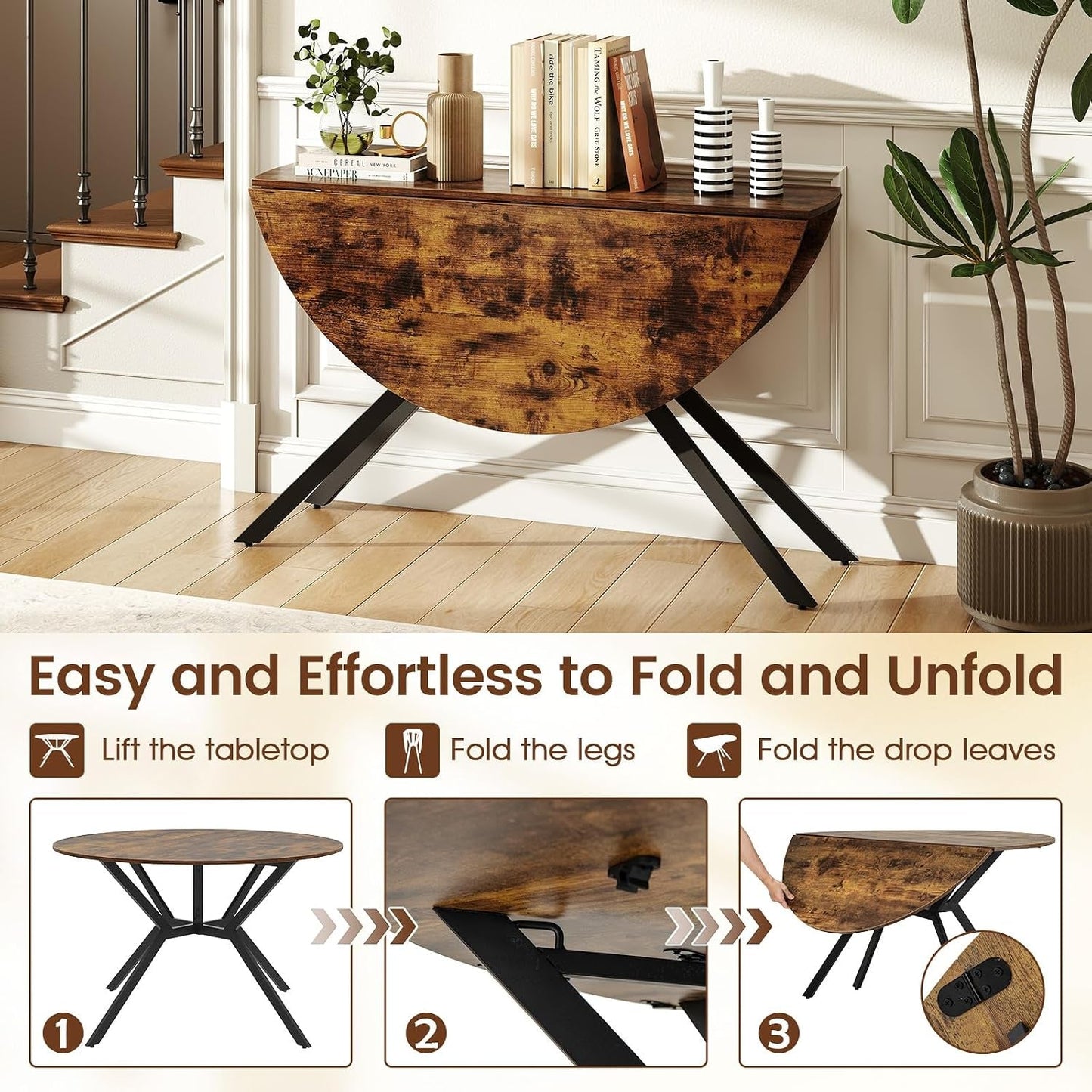 Sturdy Construction Round Brown Folding Dining Table