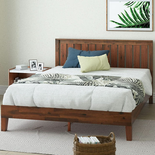 Queen Wood Platform Bed Frame With Headboard And Slats