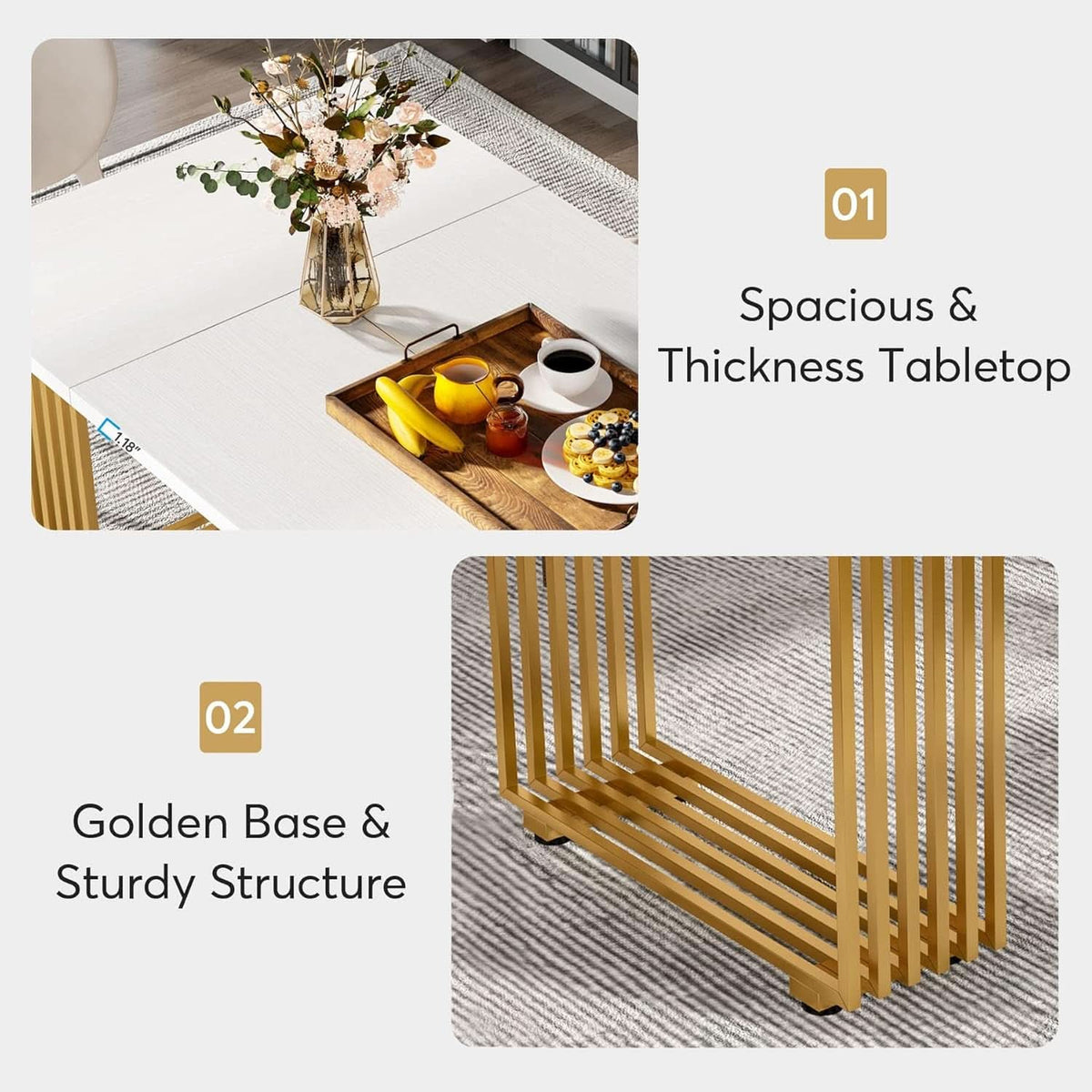 White Gold Wood Dining Table 70 Inch Rectangular For Dining Room-3